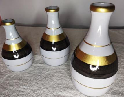 Conjunto Kit Trio Vasos Ceramica Enfeite Decorativo Centro De Mesa Sala Marrom com Dourado