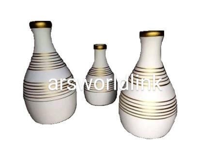 Conjunto Kit Trio Vasos Ceramica Enfeite Decorativo Centro De Mesa Sala Branco com Dourado